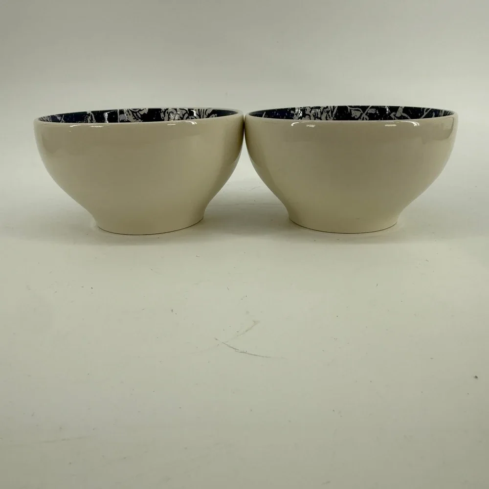 Pier 1 Batik Cereal Bowls Set of 2 Cream Navy Blue Floral Earthenware Brazil